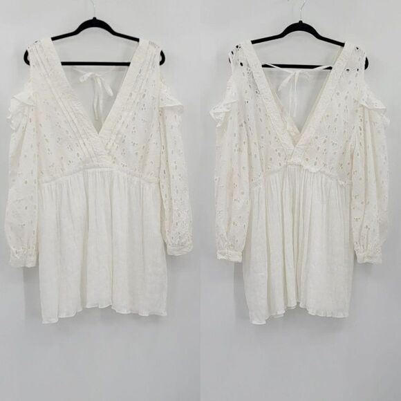 IRO Dress Cottagecore Eyelet Lace Cutout Ruffle Puff Sleeve Mini Babydoll M - Picture 3 of 17